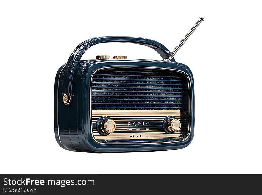 A vintage radio with a blue and gold finish, featuring a long antenna on the right side, set against a white background. A vintage radio with a blue and gold finish, featuring a long antenna on the right side, set against a white background