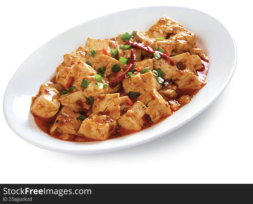 Spicy Chinese Tofu Paneer on White Plate on white  background