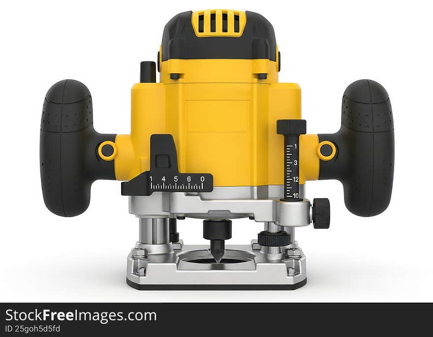 This image features a yellow cordless router with black handles. The router is equipped with various controls and settings for precise woodworking. It has a robust design with a yellow body and black grips on both sides for comfortable handling. The device includes multiple knobs and dials for adjusting the cutting depth and other settings. The router is designed for professional and DIY