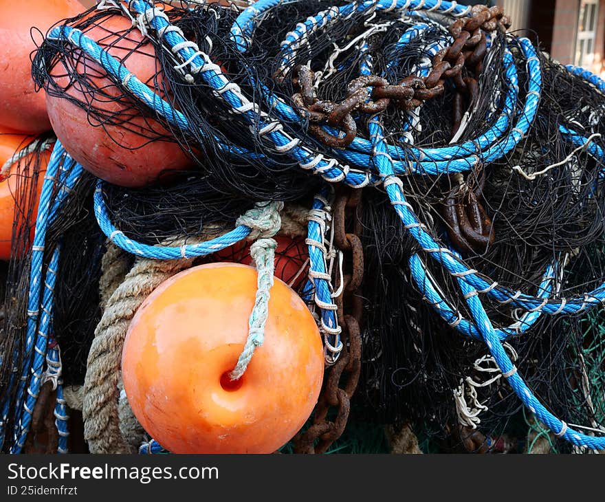 Fishing nets and marine gear bundled together for commercial fishing industry