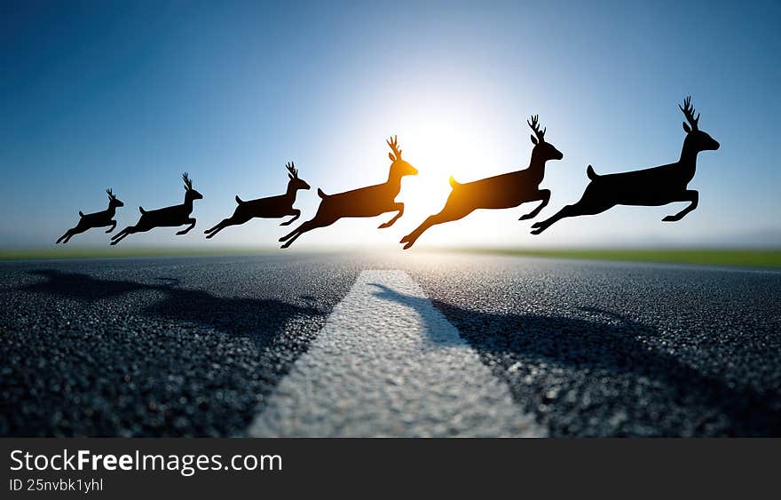 A straight asphalt road through green fields with a family of deer leaping across the road, bright sun, blue sky, ultra-realistic --chaos 30 --ar 16:9 --v 7 Job ID: fca0d753-9a24-4f8d-88e2-95ebf275ee02