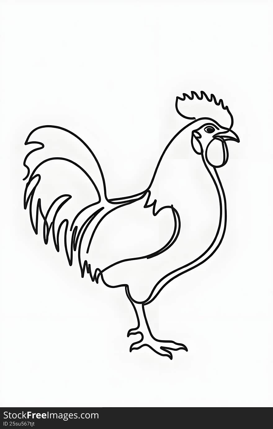 Artistic line drawing of a rooster. Detailed outline of a cockerel with prominent tail feathers, ideal for farm-themed designs, mascots, or decorative art.