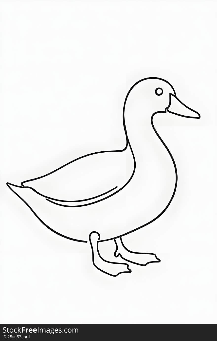 Minimalist line art illustration of a duck. Simple black and white -style drawing of a farm bird, perfect for coloring books or logo design.