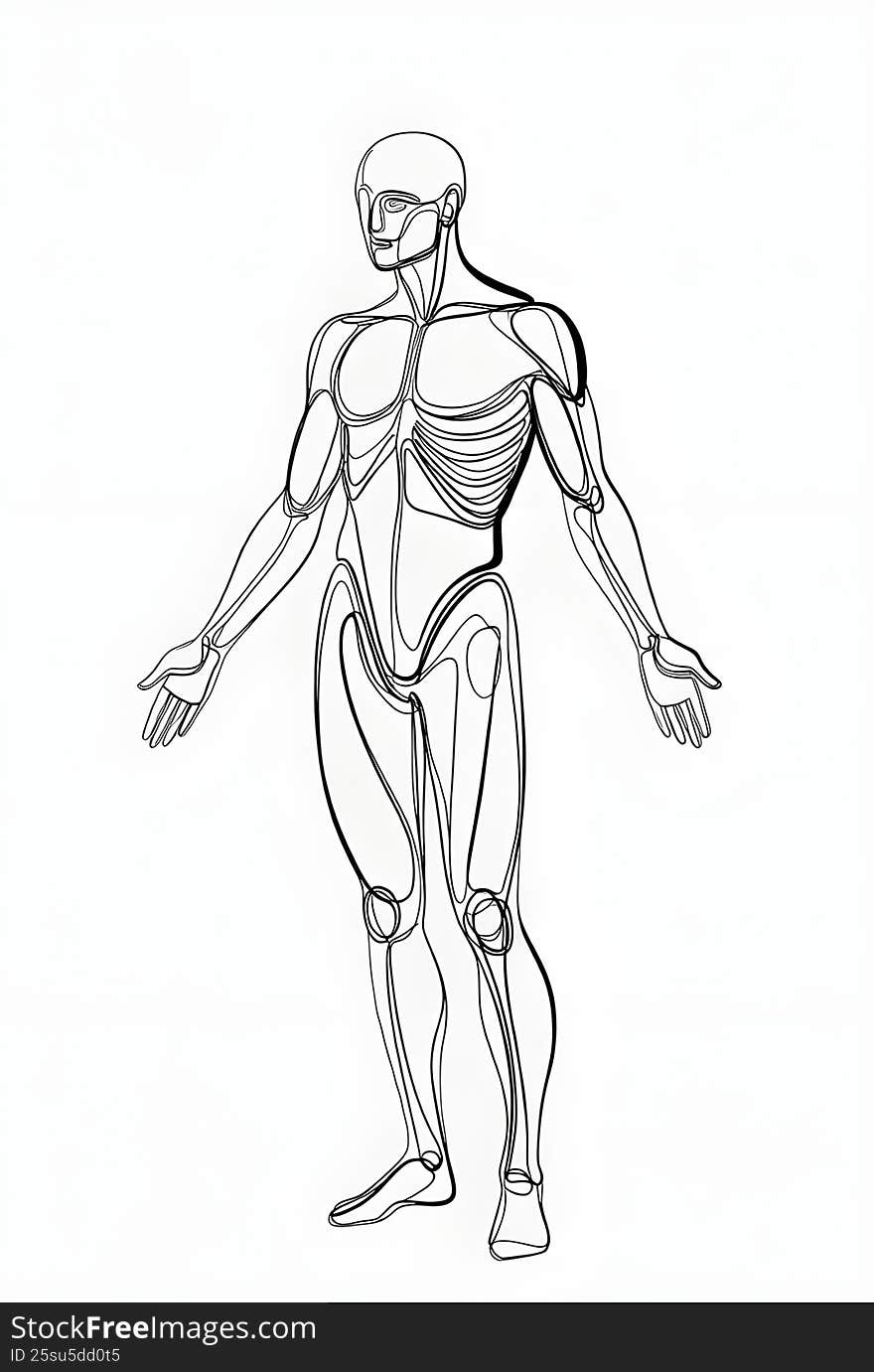 Anatomical line drawing of the human male body showing muscle structure. Educational diagram of human musculature in a standing pose, ideal for medical and fitness studies.
