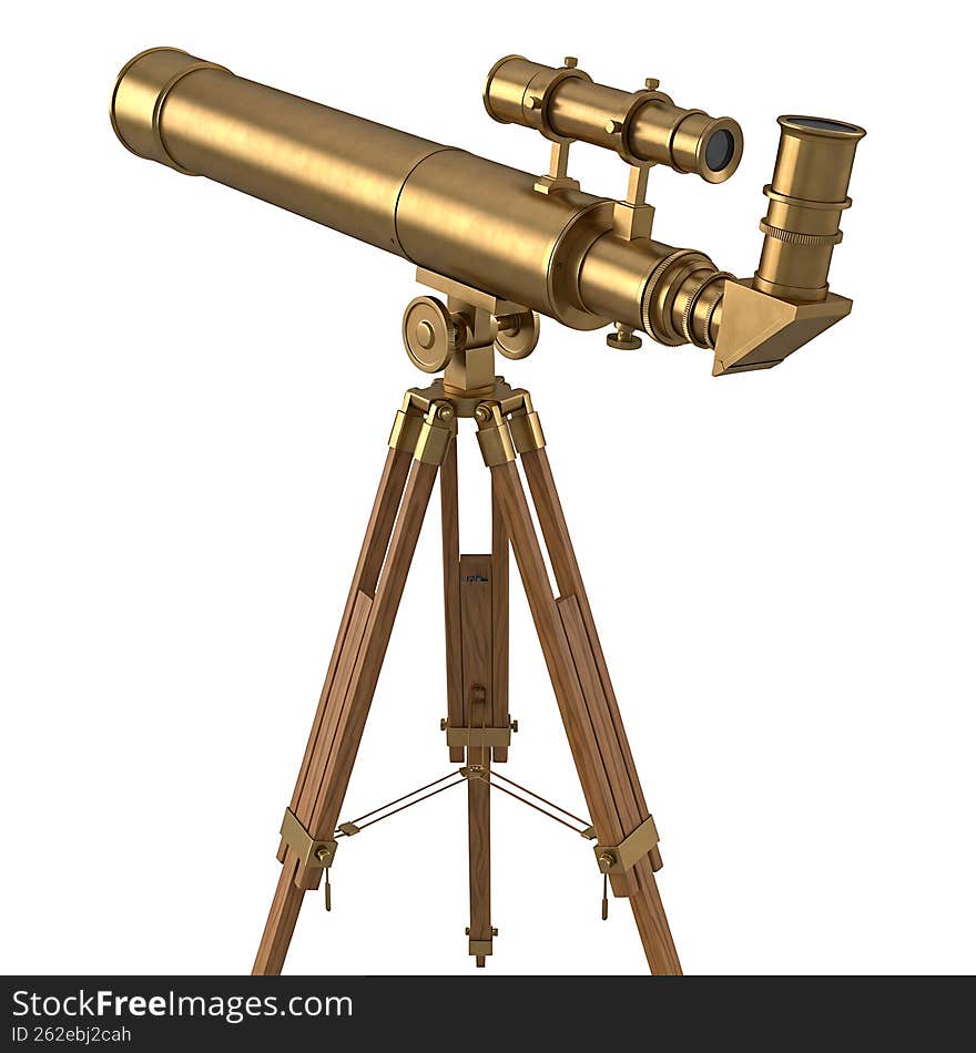 Vintage brass telescope isolated on white background