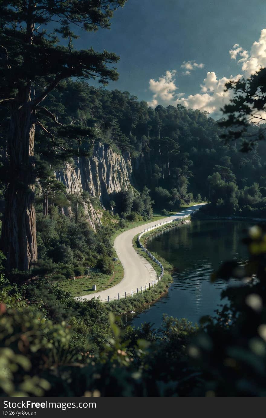 Scenic winding coastal road near cliffs along a calm blue lake surrounded by forest