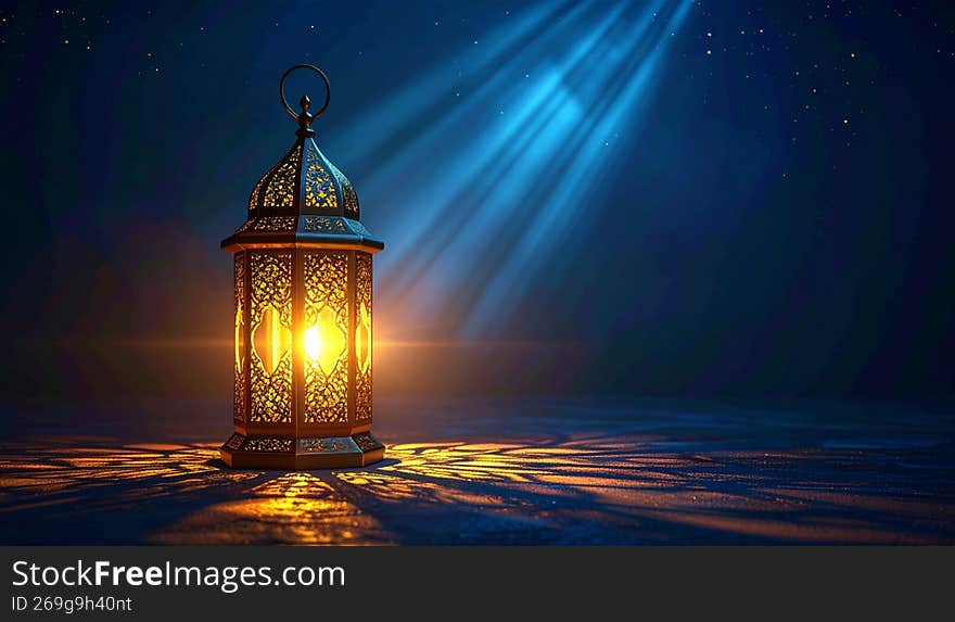 An exquisite ornate Arabic lantern stands elegantly, casting a warm golden glow and intricate shadows across a textured surface. Against a deep blue, mystical background with ethereal light rays and sparkling particles, the scene evokes a sense of peace and celebration. Perfect for conveying themes of Ramadan, Eid, spirituality, or enchanting oriental nights. The contrasting warm and cool tones create a captivating and festive atmosphere, ideal for greeting cards, banners, or cultural event promotions. An exquisite ornate Arabic lantern stands elegantly, casting a warm golden glow and intricate shadows across a textured surface. Against a deep blue, mystical background with ethereal light rays and sparkling particles, the scene evokes a sense of peace and celebration. Perfect for conveying themes of Ramadan, Eid, spirituality, or enchanting oriental nights. The contrasting warm and cool tones create a captivating and festive atmosphere, ideal for greeting cards, banners, or cultural event promotions.