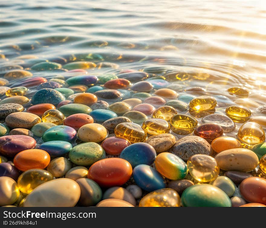 crystal clear showing the seabed covered with smooth rainbow colored vibrant colorful shiny some transparent glass sea stones, AI made (free). See more similar images and more in my uploads. Thanks