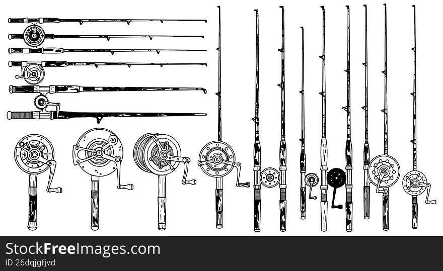 Illustration showing various fishing reel mechanisms and their internal parts isolated on transparent background with arrows indicating assembly directions and component breakdowns , immersive atmosphere. Illustration showing various fishing reel mechanisms and their internal parts isolated on transparent background with arrows indicating assembly directions and component breakdowns , immersive atmosphere