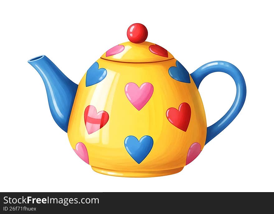 This cheerful teapot features a bright yellow body with playful blue and pink heart patterns. The spout and handle are blue, and it has a red and blue heart-shaped knob on the lid, giving it a whimsical and festive appearance. The design makes it ideal for adding a touch of joy to tea time or as a decorative piece. This cheerful teapot features a bright yellow body with playful blue and pink heart patterns. The spout and handle are blue, and it has a red and blue heart-shaped knob on the lid, giving it a whimsical and festive appearance. The design makes it ideal for adding a touch of joy to tea time or as a decorative piece