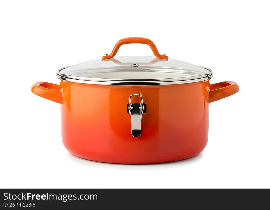 This image shows a large, bright orange enameled pot featuring two sturdy side handles and a matching lid with a small handle. The pot appears to be made of heavy-duty material, suitable for cooking on a stovetop or for storing ingredients. The lid is equipped with a vented knob, providing control over steam release during cooking processes. This image shows a large, bright orange enameled pot featuring two sturdy side handles and a matching lid with a small handle. The pot appears to be made of heavy-duty material, suitable for cooking on a stovetop or for storing ingredients. The lid is equipped with a vented knob, providing control over steam release during cooking processes