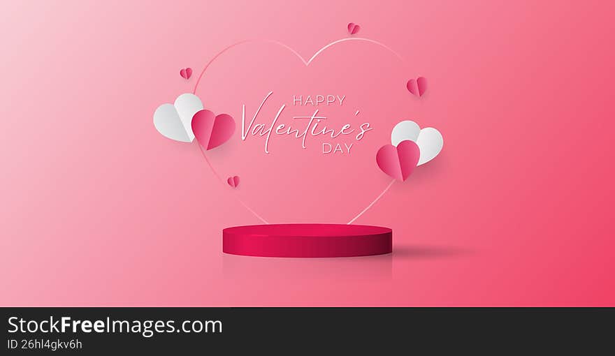 Happy valentine day on pink background filling with hearts. Love, Vector platform. Abstract mockup product display. Minimal scene