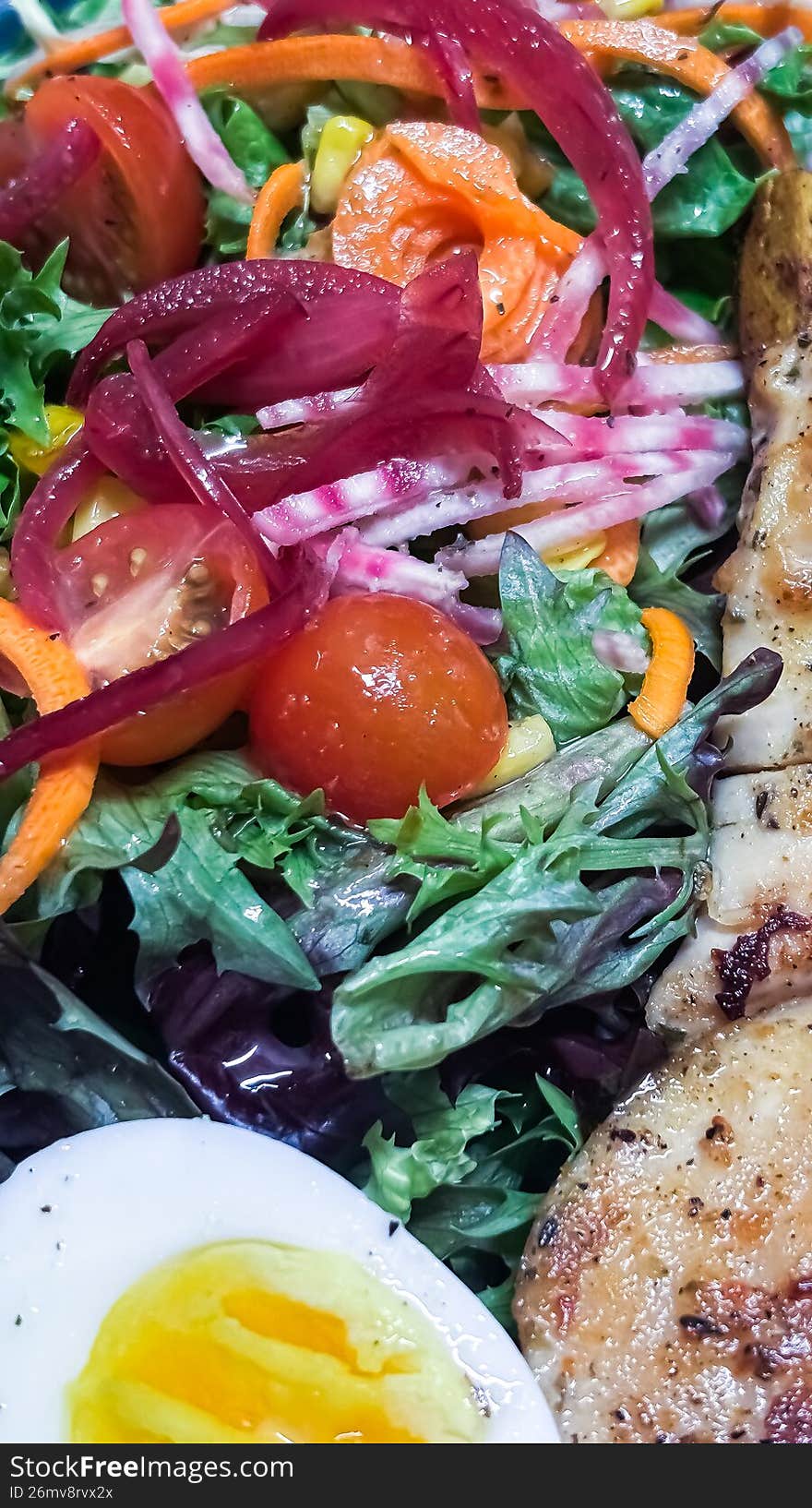 A vibrant, high-angle shot of a traditional Cobb salad presented in organized rows over a bed of fresh romaine lettuce. This protein-packed dish features sliced grilled chicken breast, hard-boiled eggs, creamy avocado, diced tomatoes, crumbled blue cheese, and smoky bacon bits. The bright, natural colors and clean arrangement make it ideal for healthy lifestyle blogs, restaurant menus, and keto-friendly diet content.