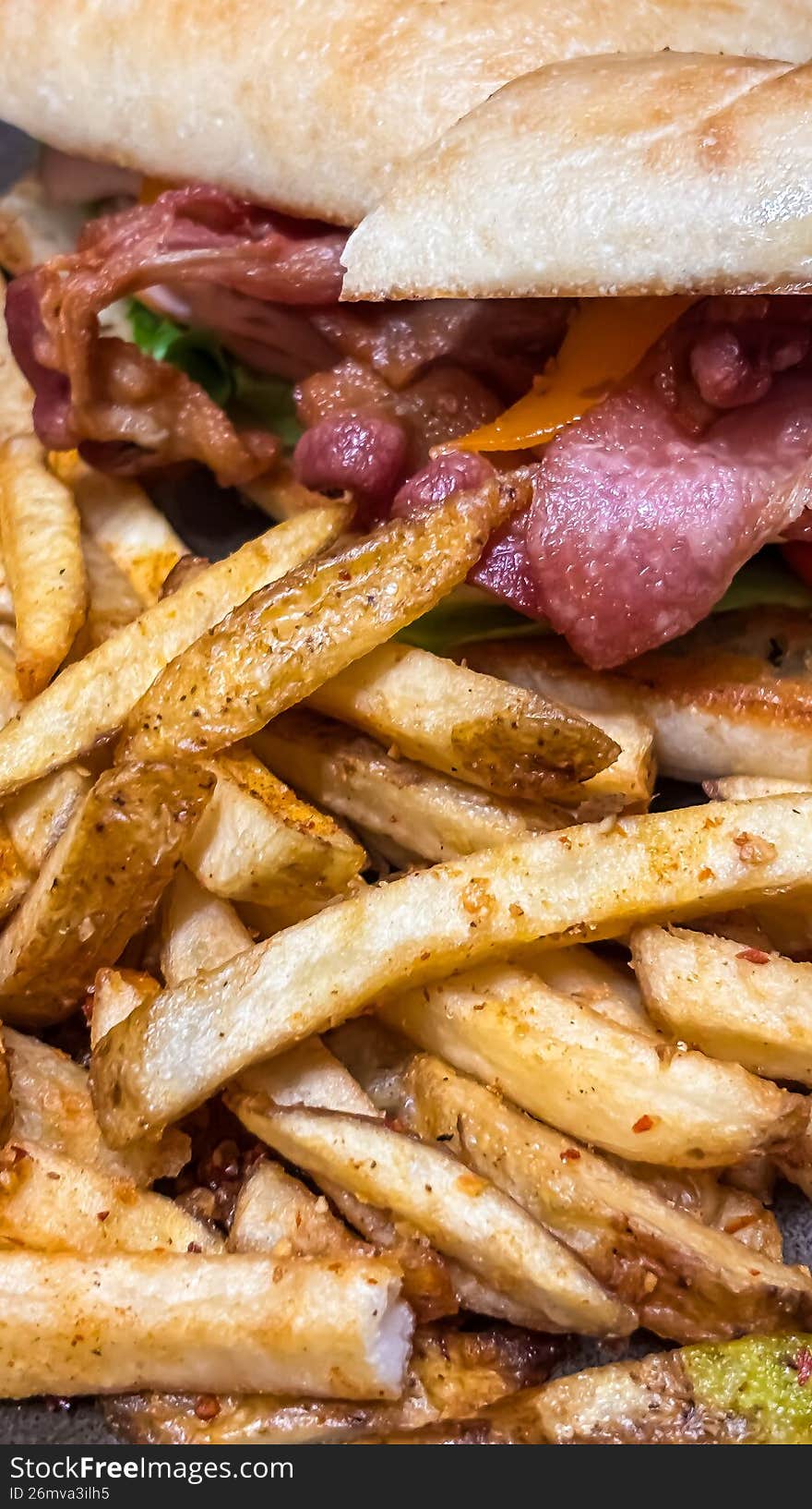 Description: The ultimate winter comfort food. This shot captures a towering turkey club sandwich, layered with crisp bacon, fresh lettuce, and vine-ripened tomatoes on toasted sourdough. Served with a side of hot, salted French fries, it�s a nostalgic nod to small-town Almonte hospitality and the warmth of a local booth during a blizzard.